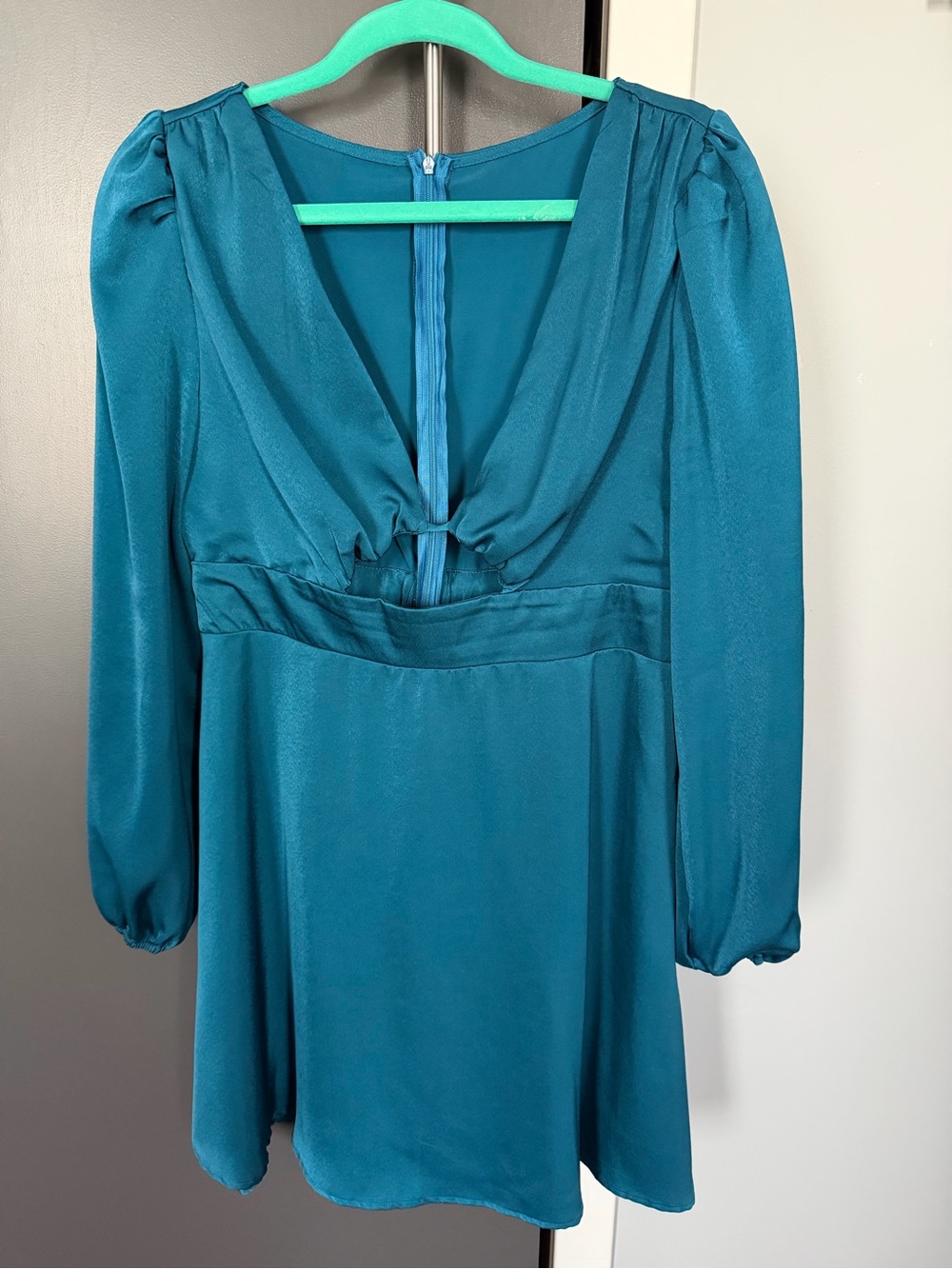 Teal Satin Cutout Mini Dress Size L | Long Sleeve Deep V Fit & Flare Party